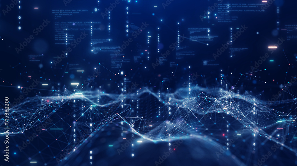 Aufkleber Digital information technology concept. Cybersecurity and protection system from online crime threats. Data Analytics or Data Science. Binary code polygons connected on dark blue background.