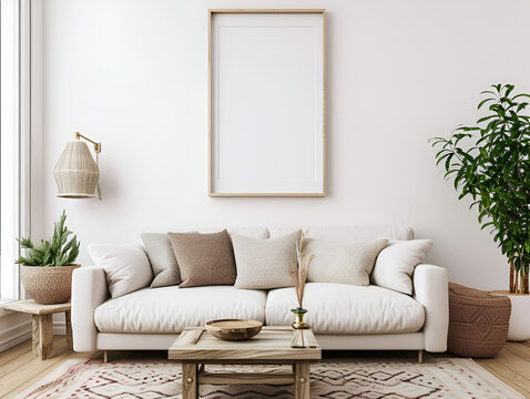 Empty picture frame mock up image for stock photos and mockups, White and clean contemporary style home decor with empty picture frame, natural sunlight in living room