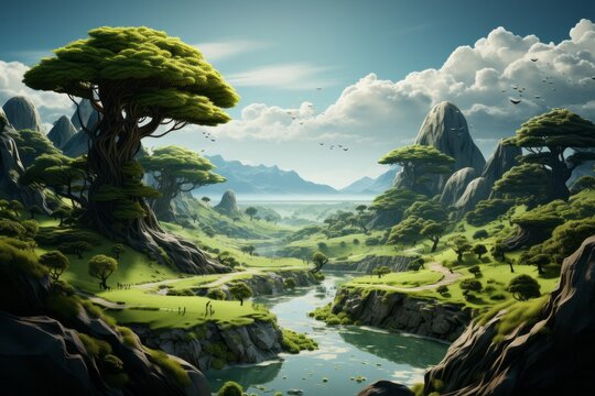 Green Paradise with Towering Trees, Rolling Hills, and a Gentle Waterfall, on an isolated Shamrock Green background, Generative AI