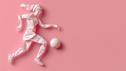 Fototapeta na wymiar Soccer woman athlete exercise, origami art with copy space