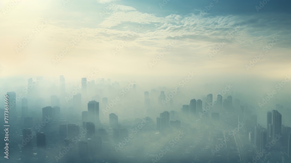 Poster hazy metropolis a captivating view of a city enveloped in a hazy layer of pollution, illustrating th