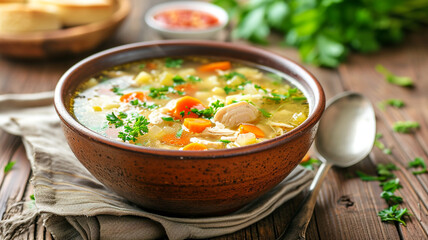 Homemade chicken soup in a bowl - obrazy, fototapety, plakaty