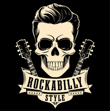 Skull in rockabilly style vector illustration image with guitars next to vintage ribbon banner