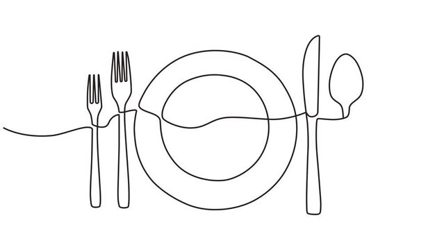Continuous one line animation. Hand drawn animated motion graphic elements of a set of tableware. concept of plate, spoon, fork, knife. video 4k