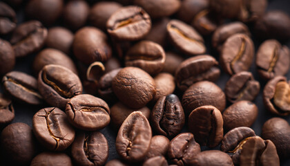 Naklejka premium Brown Roasted Coffee Beans Closeup On Dark Background