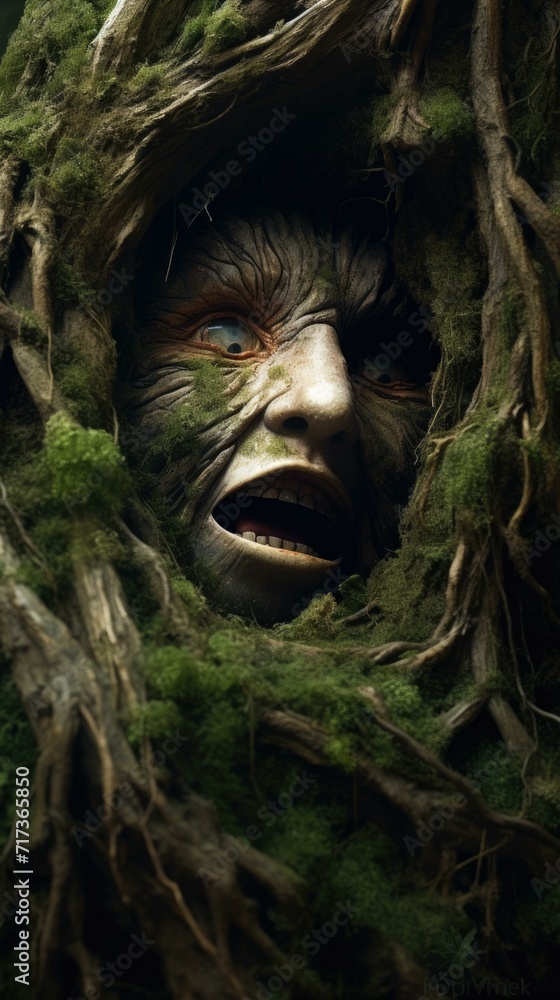 Poster a tree with a face in it. generative ai.