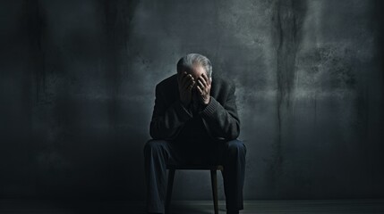 An old man sitting on a chair in front of a dark wall with his face in his hands. Generative AI.