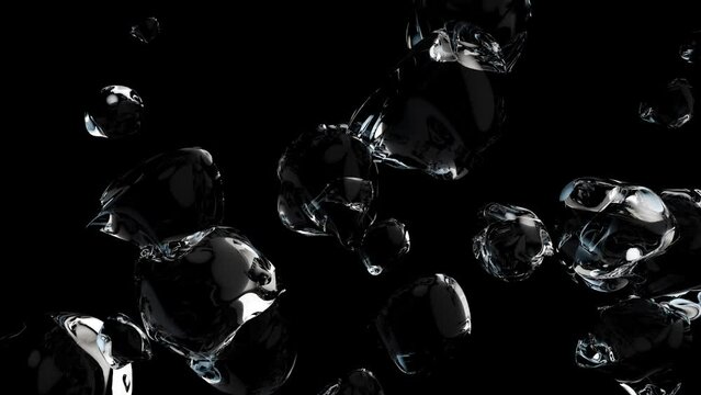 Water bubbles going on black background. Animation background element, 3D Render.	
