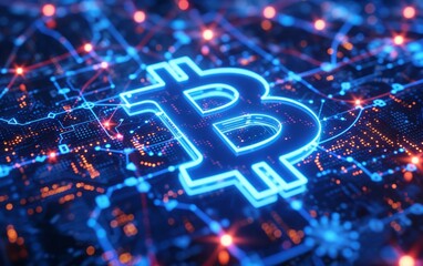 Glowing Bitcoin on Circuit Board Background