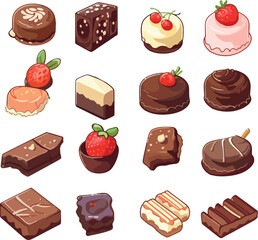 Vector set of Chocolate and Strawberry Cake for a Sweet Valentine's Day