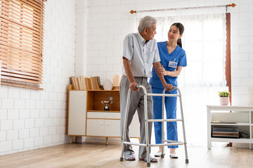 Asian senior elderly man patient doing physical therapy with caregiver.  - obrazy, fototapety, plakaty