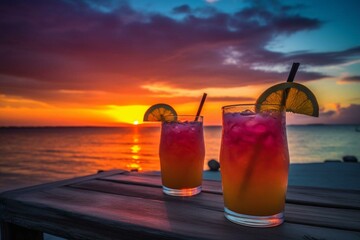 vibrant sunset beach cocktails. Generative AI