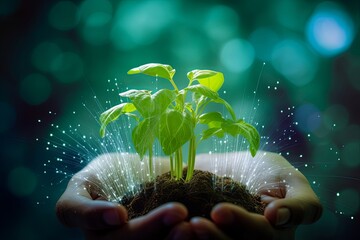 Agricultural technologies for growing plants and scientific research in the field of biology and chemistry of nature. Living green sprout in the hands, Generative AI  - obrazy, fototapety, plakaty