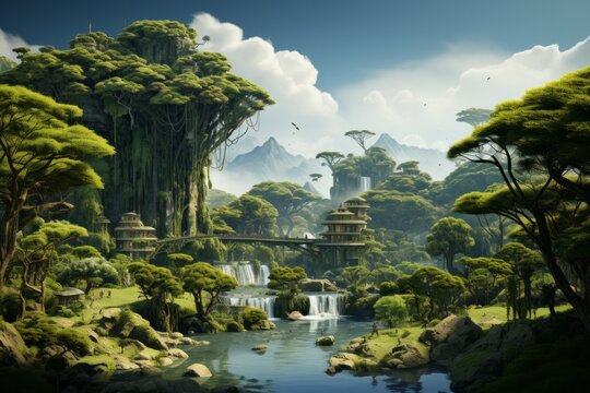 Picturesque Island with Vibrant Greenery, Towering Trees, and a Gentle Waterfall, on an isolated Moss Green background, Generative AI