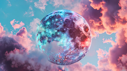 A moon hologram effect and a cloudy background