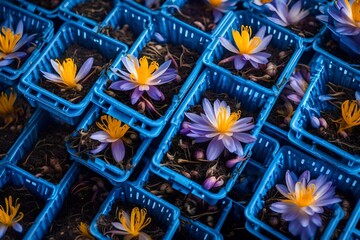 Saffron flowers growing in bright blue plastic crate