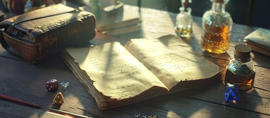 Image of a notebook, dice bag, and potion bottles in sunlight.