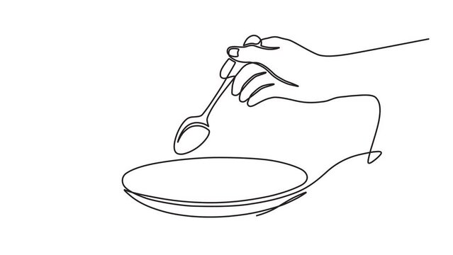 Continuous one line animation. Hand drawn animated motion graphic element of a side view of a hand
holding a spoon ready to start eating. 4k videos