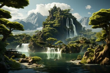Secluded Island Retreat with Flourishing Trees, Mountain Peaks, and a Serene Waterfall, on an isolated Sea Green background, Generative AI