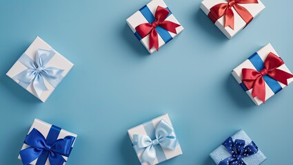 illustration of colorful gifts with bows and ribbons placed on blue background