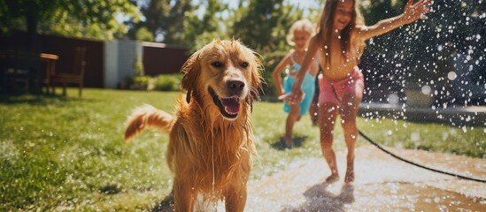 Family having fun together outside in the backyard, playing with their loyal golden retriever and spraying each other with a garden water hose on a sunny day.