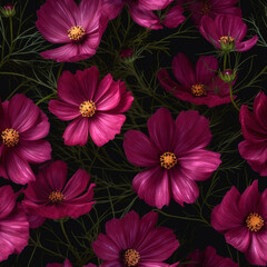 Seamless pink cosmos flowers pattern on black background. Generative ai