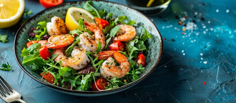 Seafood salad with lemon vine sauce on blue background