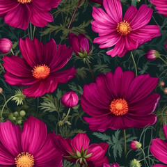 Seamless pink cosmos flowers pattern on black background. Generative ai