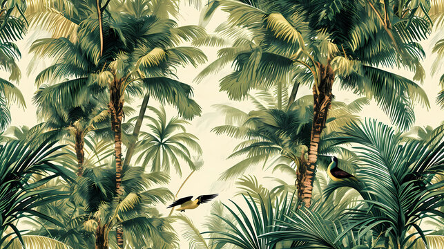 A tropical pattern palm trees and birds