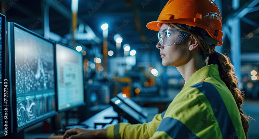 Wall mural woman working wearing a hardhat by computer monitor in construction factory, data visualization.