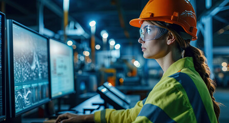 Woman working wearing a hardhat by computer monitor in construction factory, data visualization.