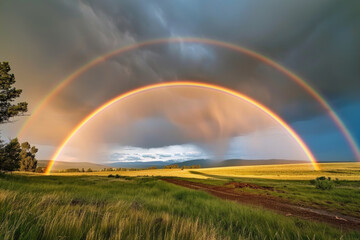 Naklejka premium rare occurrence of a double rainbow against a dramatic sky.