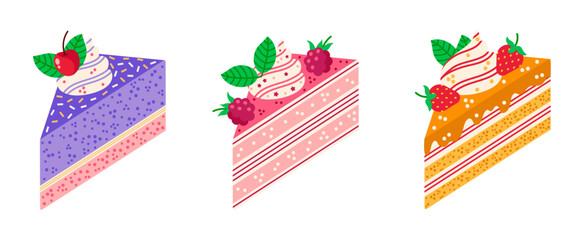 Piece of cake vector icon set. Tasty desserts with biscuit, cream, mint leaves, sprinkles. Summer baking slice with raspberry, cherry, strawberry. Sweet birthday party pastry. Flat cartoon clipart