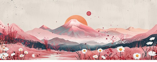Watercolor Abstract mountains. Aesthetic minimalist landscape with mountain an sun or moon, Boho style. , landscape aesthetic background wallpaper.  illustration for prints wall arts and canvas. - obrazy, fototapety, plakaty