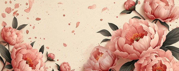 pink Peonies in full bloom, gold coil style, Chinese New Year atmosphere background