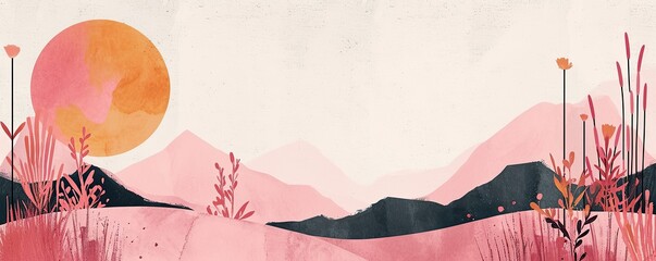Watercolor Abstract mountains. Aesthetic minimalist landscape with mountain an sun or moon, Boho style. , landscape aesthetic background wallpaper.  illustration for prints wall arts and canvas.
