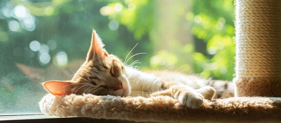 Cat sleeping on a sunny window near a cat tree bed. - Powered by Adobe