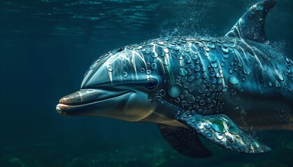 An Enchanting Glimpse into the Marine World - A Graceful Dolphin with Unique Skin Texture Swimming Serenely in the Calm Ocean Depths, Illuminated by Diffused Light Amidst Coral Formations