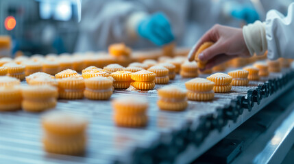 Closeup of food conveyor belt inside a large food manufacturing facility. Worker inspecting random pieces.