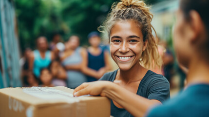 Closeup of young ethnic women volunteering and gathering donations at a church organized event. Food bank workers. - obrazy, fototapety, plakaty