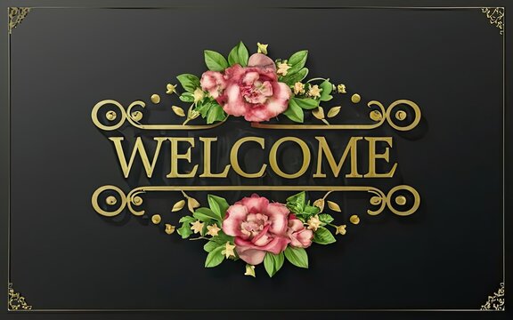 Elegant Welcome Sign Adorned with Golden Text and Floral Accents with Generative AI.