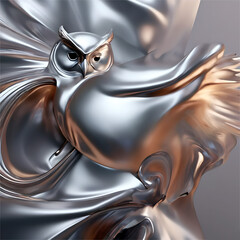Abstract owl, liquid silver style moves its wings in almost golden chrome