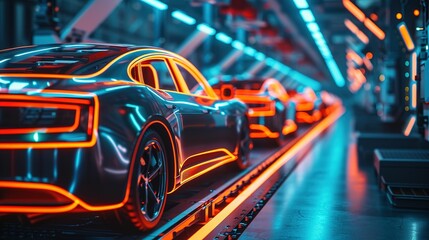 Automated robotics futuristic electric cars factory production line as wide banners with statistics of production and efficiency as wide banner with copy space area - Generative AI