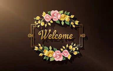 Elegant Welcome Sign Adorned with Golden Text and Floral Accents with Generative AI.