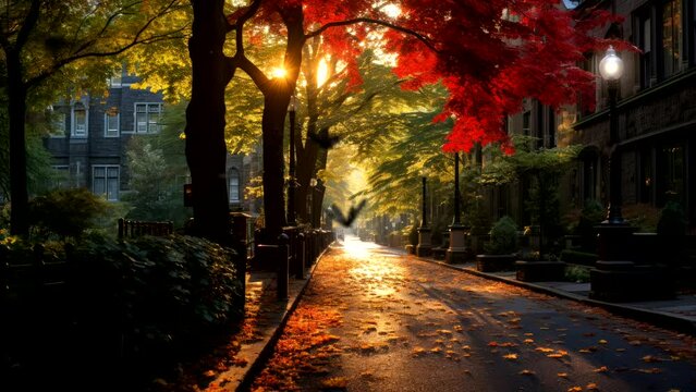Sunrise Serenity: Houses, Trees, and Butterflies Along the Morning Road