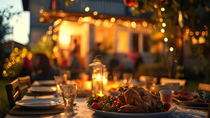 a big table for food in front of a house and people at table - obrazy, fototapety, plakaty
