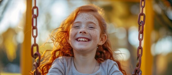 Red haired girl with freckles gleefully swinging at a playground, portraying happiness and joy.
