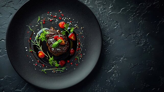 Elegant Expensive dish Steak on Black Plate