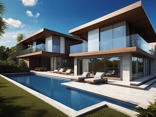 Fototapeta premium Luxury modern house with blue sky background,Concept for real estate or property.