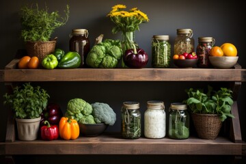 Rustic wooden pantry shelf adorned with fresh produce, Generative AI